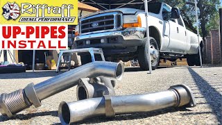 2001 F350 73  RiffRaff UpPipes Install  Stock up pipes leaking and falling apart JUNK SP [upl. by Kin]